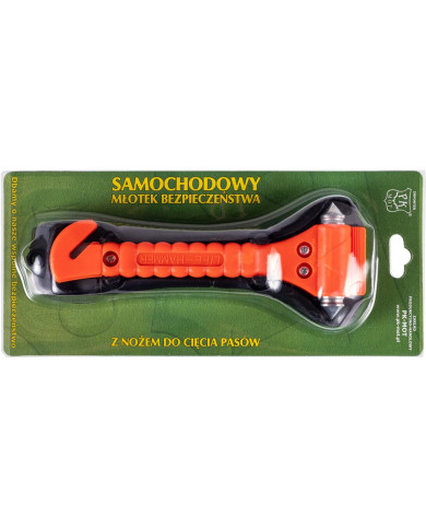 MŁOTEK DO SZYB Z NOŻEM DO CIĘCIA PASÓW PK-MOT, SAMOCHODOWY, POMARAŃCZOWY