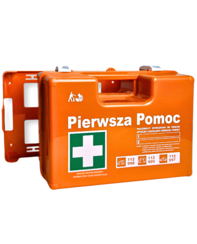 APTECZKA PIERWSZEJ POMOCY STRAŻAK APK-18, ŚCIENNA, WIESZAK, Z WYPOSAŻENIEM DIN 13169 ( 2 x DIN13157) SUPER PLUS
