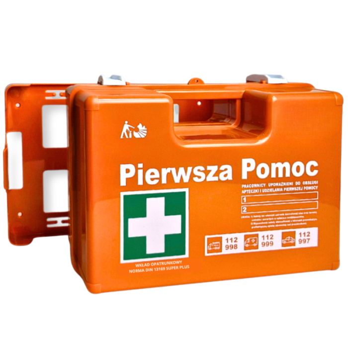 APTECZKA PIERWSZEJ POMOCY STRAŻAK APK-18, ŚCIENNA, WIESZAK, Z WYPOSAŻENIEM DIN 13169 ( 2 x DIN13157) SUPER PLUS