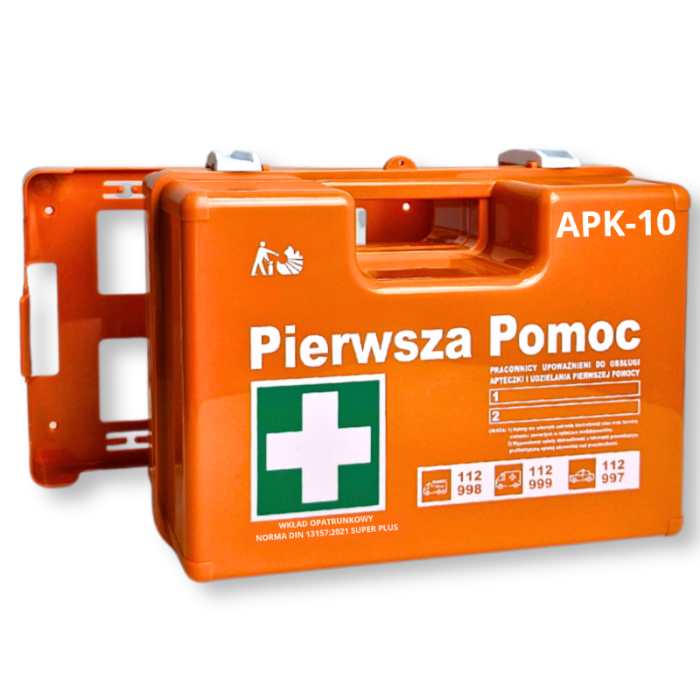APTECZKA PIERWSZEJ POMOCY STRAŻAK  APK-10, Z WIESZAKIEM, PRZEMYSŁOWA, WYPOSAŻENIE DIN 13164 SUPER PLUS