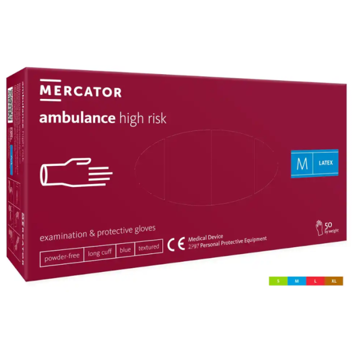 RĘKAWICZKI LATEKSOWE DIAGNOSTYCZNE MERCATOR AMBULANCE HIGH RISK, DLA RATOWNIKÓW, WZMOCNIONE, 50 SZT.