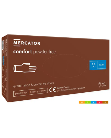 RĘKAWICZKI LATEKSOWE DIAGNOSTYCZNE MERCATOR COMFORT PF, TEKSTUROWANE, KREMOWE, 100 SZT.