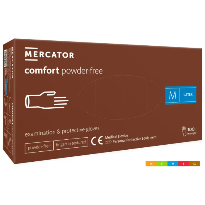 RĘKAWICZKI LATEKSOWE DIAGNOSTYCZNE MERCATOR COMFORT PF, TEKSTUROWANE, KREMOWE, 100 SZT.