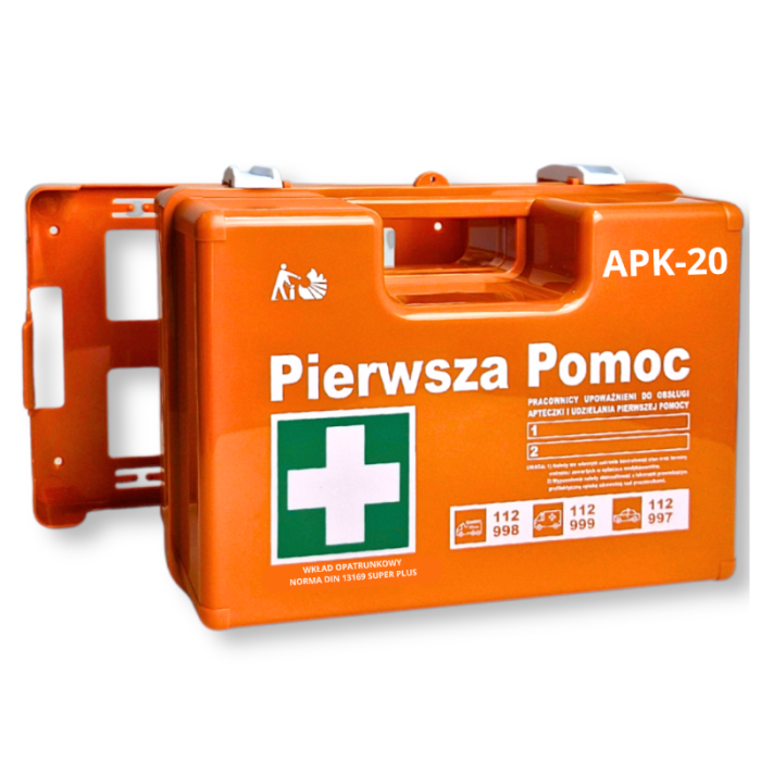 APTECZKA PIERWSZEJ POMOCY STRAŻAK APK-20, Z WIESZAKIEM, WYPOSAŻENIE DIN 13169 ( 2 x DIN13157) SUPER PLUS