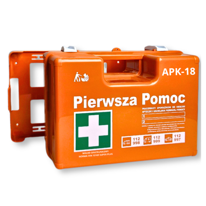 APTECZKA PIERWSZEJ POMOCY STRAŻAK APK-18, ŚCIENNA, WIESZAK, Z WYPOSAŻENIEM DIN 13169 ( 2 x DIN13157) SUPER PLUS